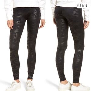 Spanx Black Faux Leather Shimmer Camouflage Shape Wear Leggings large